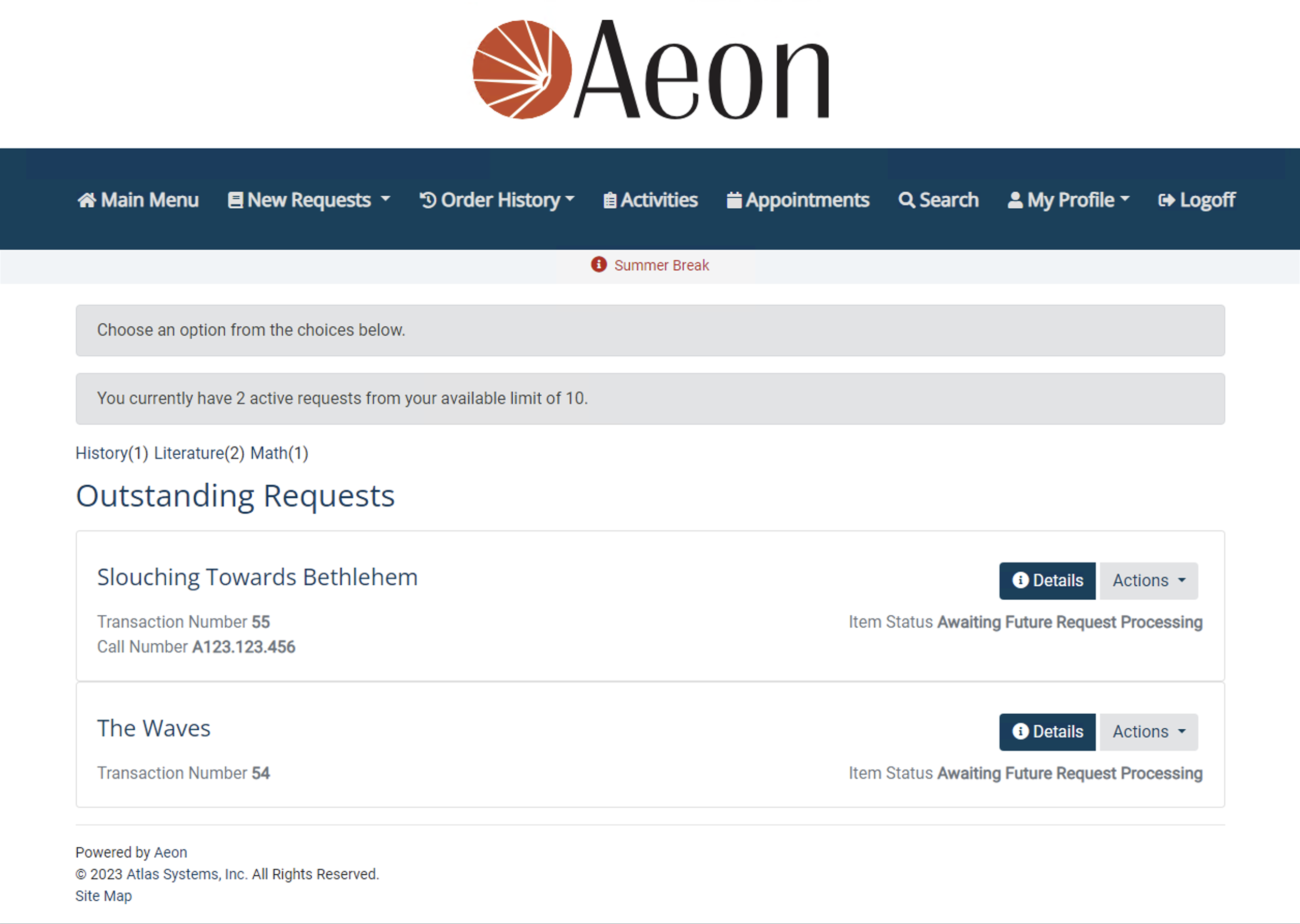 Aeon Main Menu web page